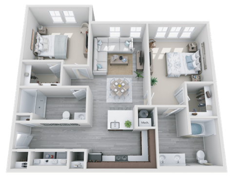 Floor plan for 2 beds, 2 baths, 1198 sqft